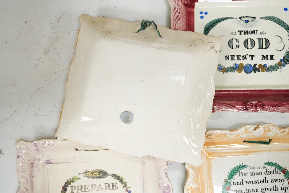 Five Victorian lustre religious wall plaques to include two ‘Prepare to meet thy god’, largest 24cm wide